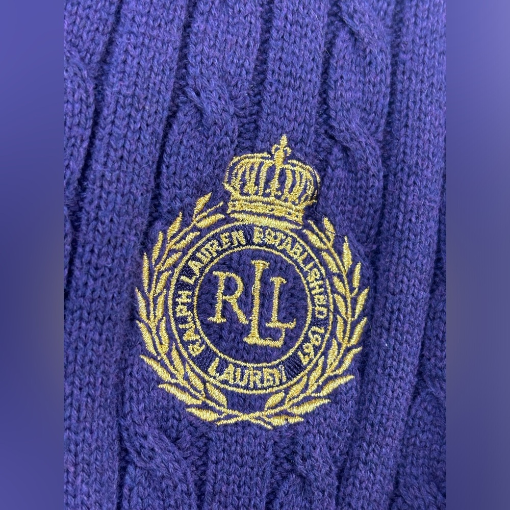 RALPH LAUREN Purple Cable Sweater Gold Embroidery Fits like MEDIUM marked large
